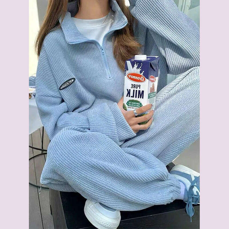 Long Sleeve Sportswear Pant Sets Women New Casual Half High Collar Tops Drawstring High Waist Pants 2 Piece Sets Womens Outfits - KIMLUD