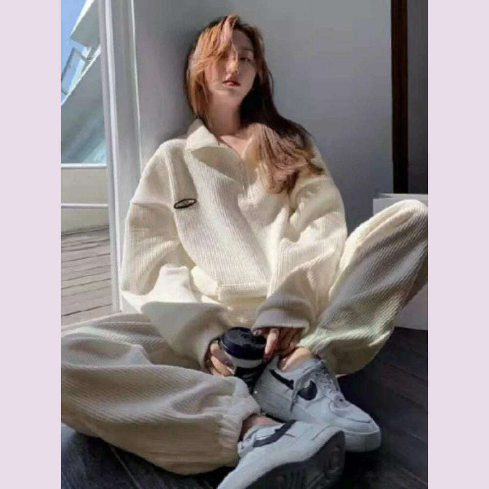 Long Sleeve Sportswear Pant Sets Women New Casual Half High Collar Tops Drawstring High Waist Pants 2 Piece Sets Womens Outfits - KIMLUD