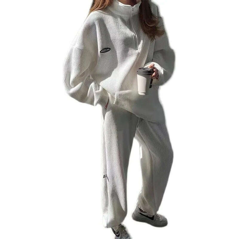 Long Sleeve Sportswear Pant Sets Women New Casual Half High Collar Tops Drawstring High Waist Pants 2 Piece Sets Womens Outfits - KIMLUD