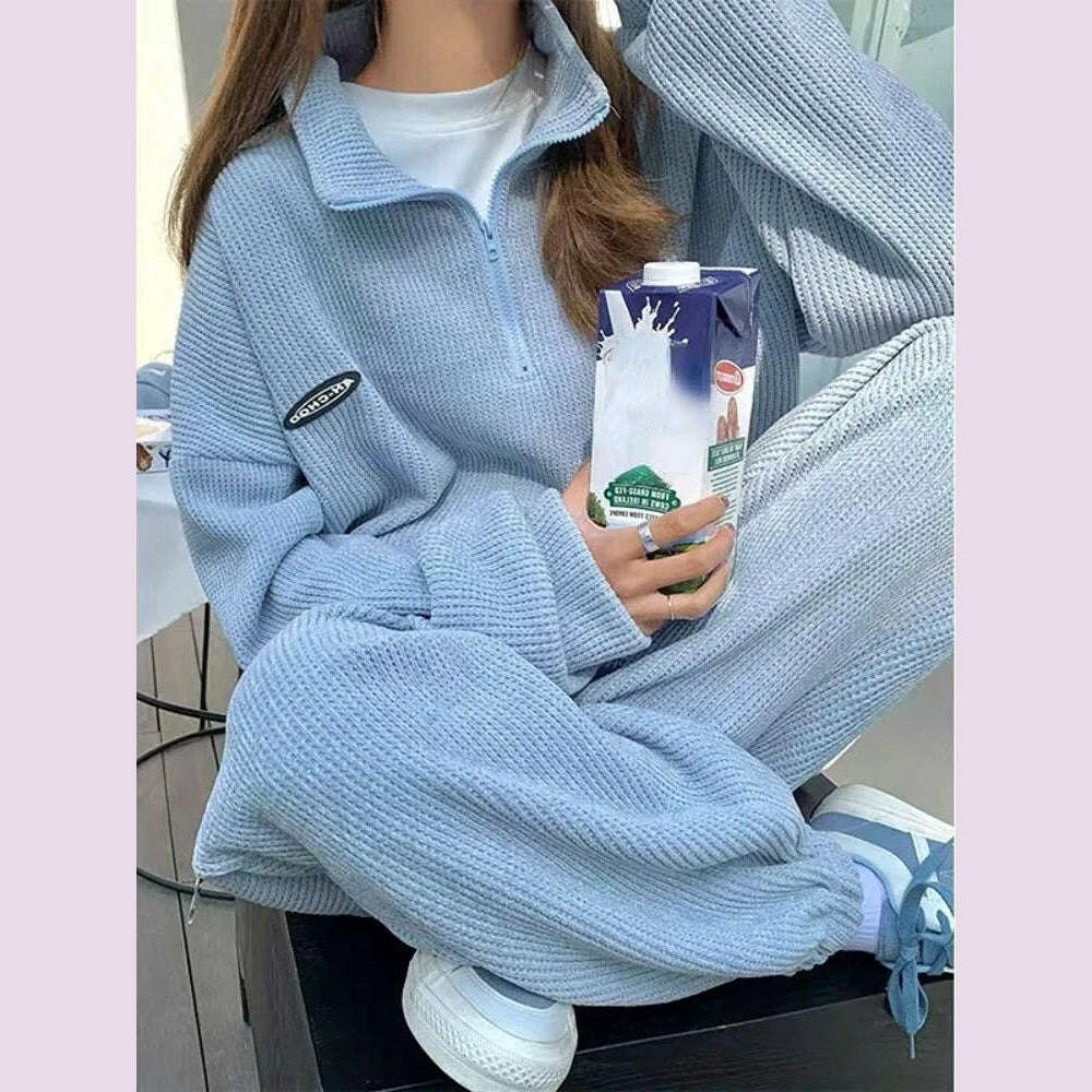 Long Sleeve Sportswear Pant Sets Women New Casual Half High Collar Tops Drawstring High Waist Pants 2 Piece Sets Womens Outfits - KIMLUD