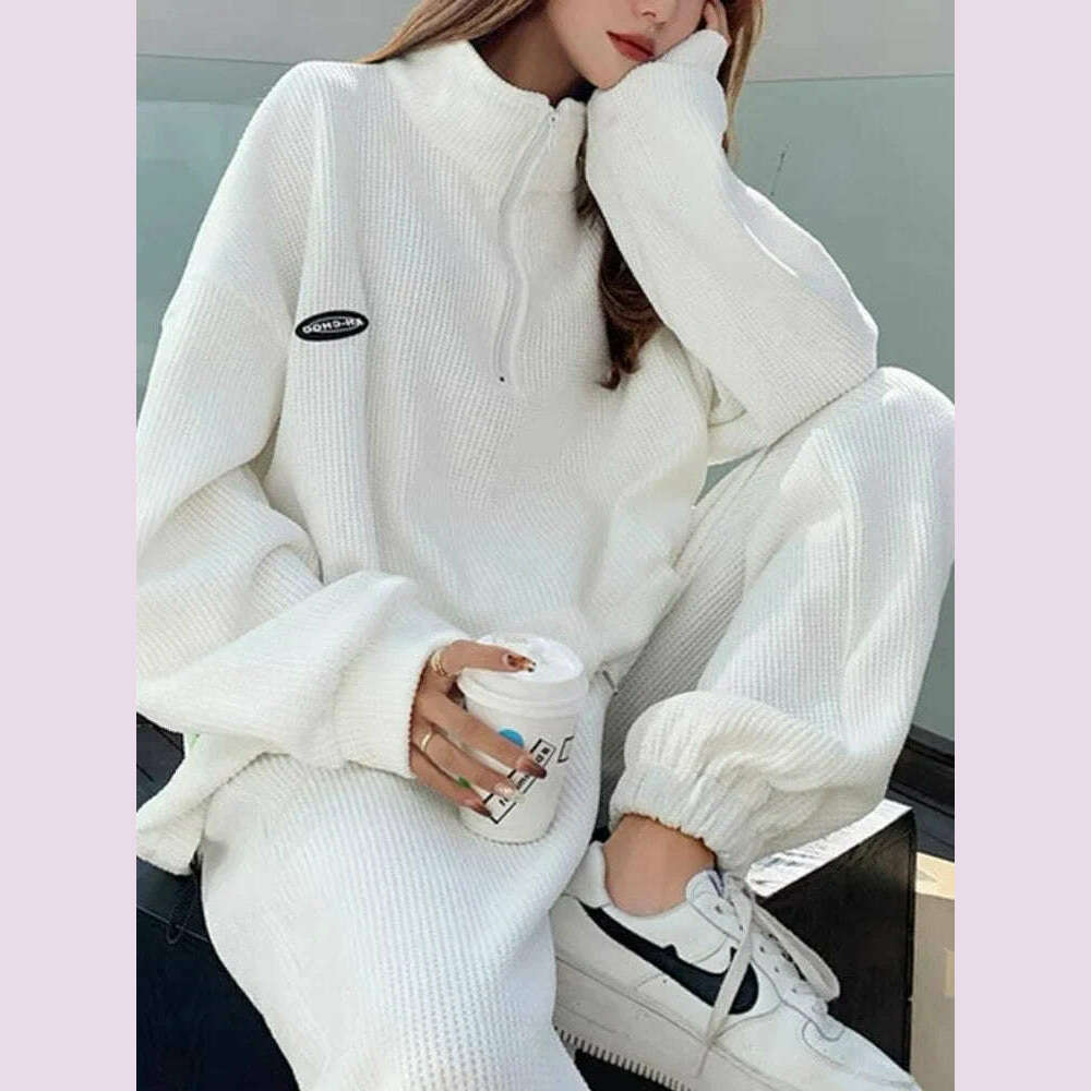 Long Sleeve Sportswear Pant Sets Women New Casual Half High Collar Tops Drawstring High Waist Pants 2 Piece Sets Womens Outfits - KIMLUD