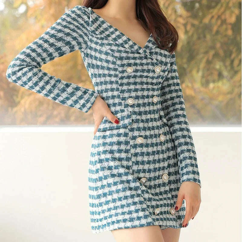 Long-sleeved Plaid Small Fragrance V-neck Women Dress Slim Double-breasted Korea Chic Elegant Vintage Spring Autumn Mini Dress - KIMLUD
