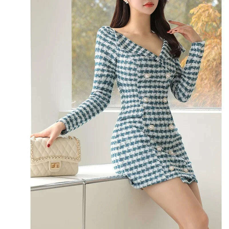 Long-sleeved Plaid Small Fragrance V-neck Women Dress Slim Double-breasted Korea Chic Elegant Vintage Spring Autumn Mini Dress - KIMLUD