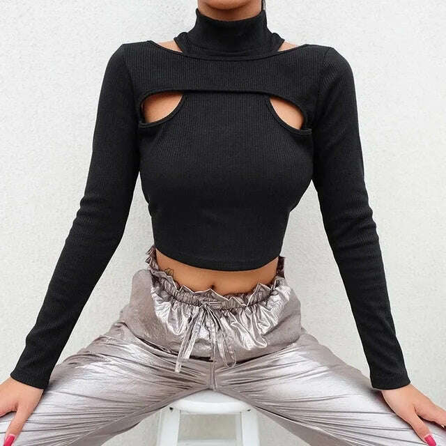 Long Sleeved Threaded Pullover Women Top T-shirt Sexy Top Autumn Spring Season Top Temperament Hollow Out Solid Half High Collar - KIMLUD