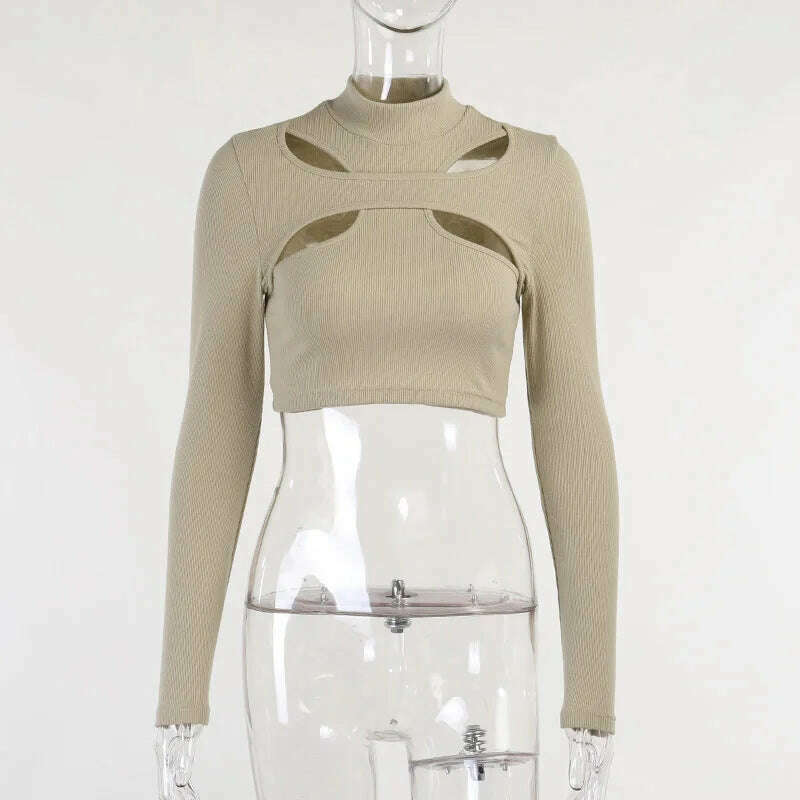 Long Sleeved Threaded Pullover Women Top T-shirt Sexy Top Autumn Spring Season Top Temperament Hollow Out Solid Half High Collar - KIMLUD