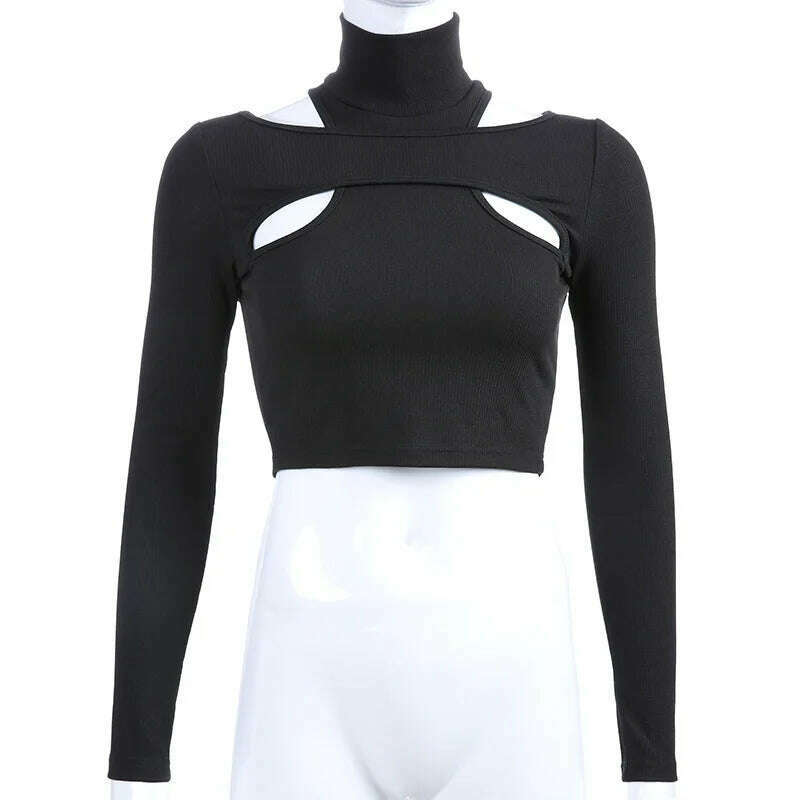 Long Sleeved Threaded Pullover Women Top T-shirt Sexy Top Autumn Spring Season Top Temperament Hollow Out Solid Half High Collar - KIMLUD