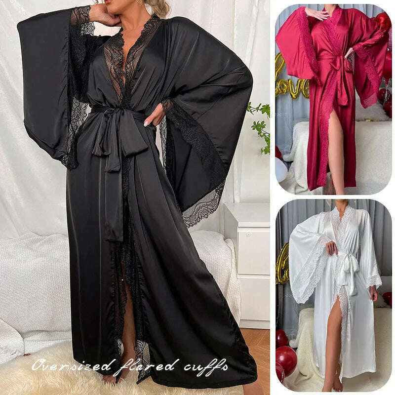 KIMLUD, Long Solid Kimono Robe Women Sexy Lace Patchwork Bathrobe Gown Flare Sleeve Sleepwear Nightwear Bride Wedding Robes Loungewear, KIMLUD Womens Clothes