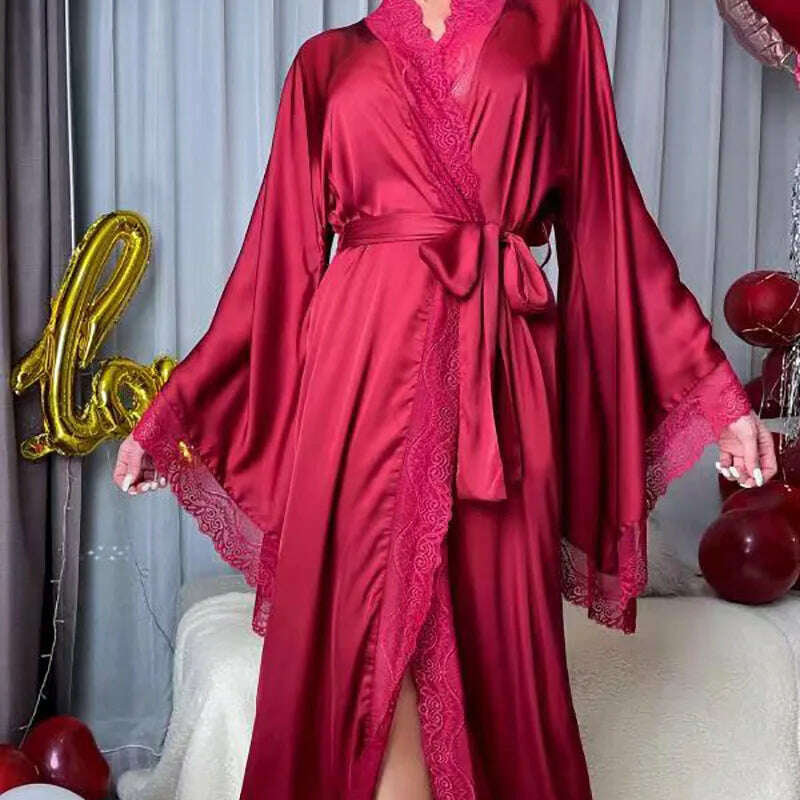 Long Solid Kimono Robe Women Sexy Lace Patchwork Bathrobe Gown Flare Sleeve Sleepwear Nightwear Bride Wedding Robes Loungewear - KIMLUD