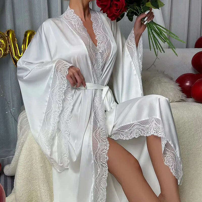 KIMLUD, Long Solid Kimono Robe Women Sexy Lace Patchwork Bathrobe Gown Flare Sleeve Sleepwear Nightwear Bride Wedding Robes Loungewear, White A / S, KIMLUD Womens Clothes
