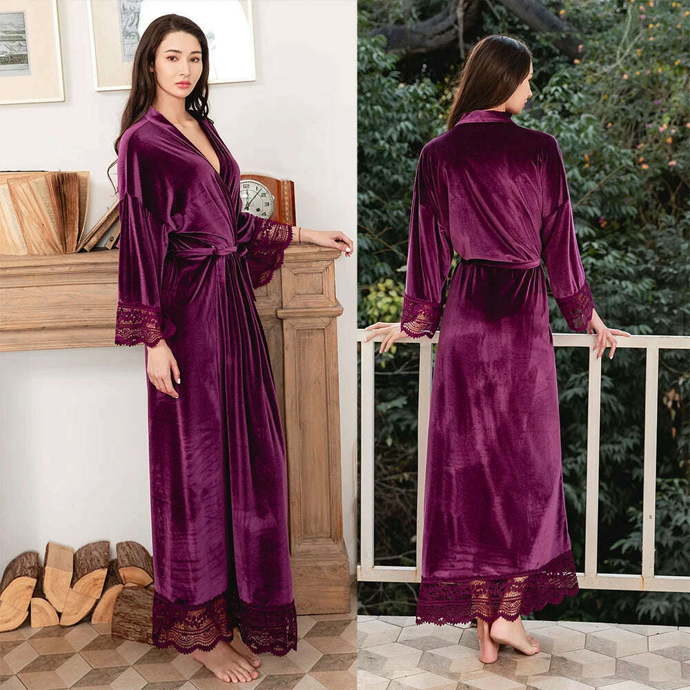 Long Velvet Robes with Lace Robe Women Bride Bridesmaid Kimono Bathrobe Party Soft Lady Wedding Homewear Warm Velvet Robe Gown - KIMLUD