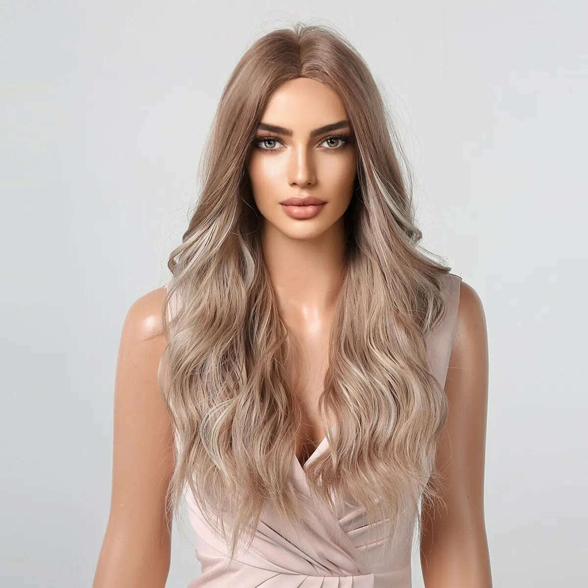 KIMLUD, Long Wavy Wigs White Blonde Brown Roots Synthetic Natural Wave Hair Cosplay Wigs for Women High Temperature Fiber Middle Part, KIMLUD Womens Clothes