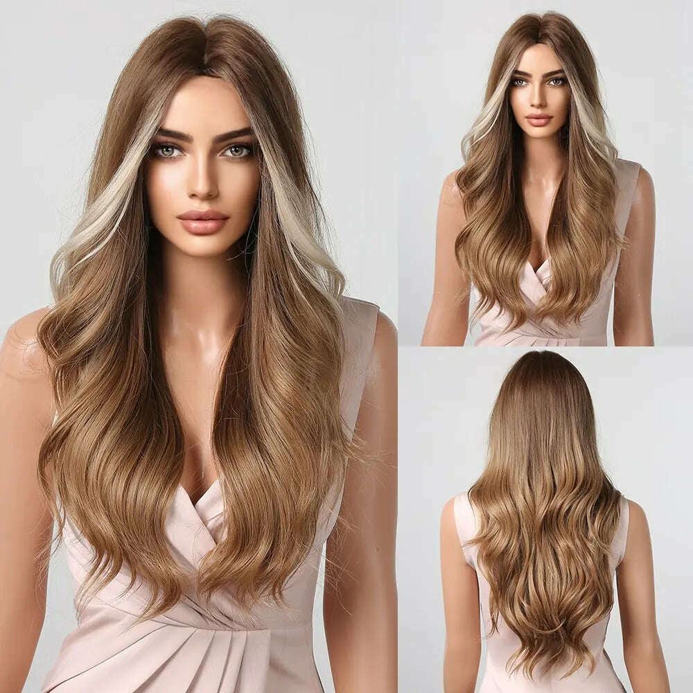 KIMLUD, Long Wavy Wigs White Blonde Brown Roots Synthetic Natural Wave Hair Cosplay Wigs for Women High Temperature Fiber Middle Part, KIMLUD Womens Clothes