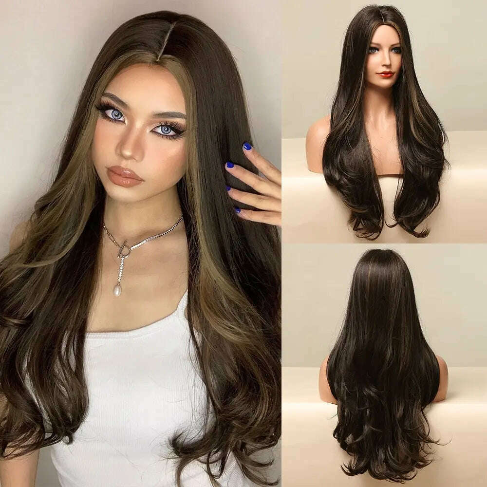 KIMLUD, Long Wavy Wigs White Blonde Brown Roots Synthetic Natural Wave Hair Cosplay Wigs for Women High Temperature Fiber Middle Part, LC5125, KIMLUD APPAREL - Womens Clothes