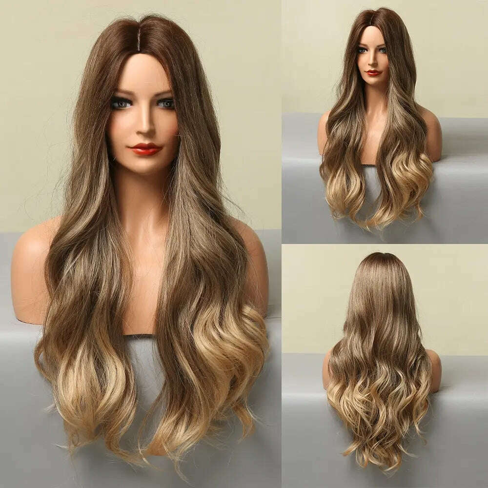 KIMLUD, Long Wavy Wigs White Blonde Brown Roots Synthetic Natural Wave Hair Cosplay Wigs for Women High Temperature Fiber Middle Part, lc5307-1, KIMLUD APPAREL - Womens Clothes