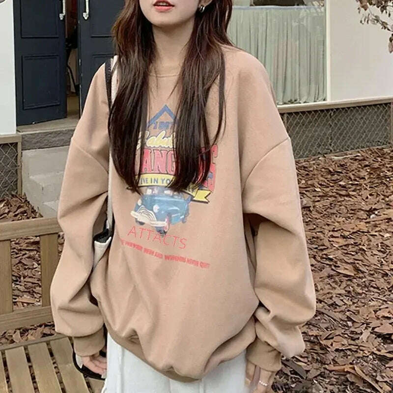KIMLUD, Loose Casual Women Clothing Autumn Winter Coat Vintage Round Neck Long Sleeve Base Shirt Top Women Apparel, KIMLUD Womens Clothes