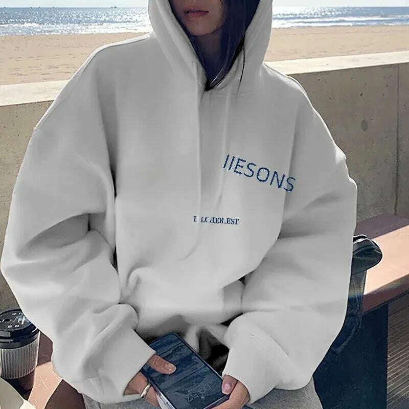 KIMLUD, Loose Letter Printed Fashion Student Coat Long Sleeve Top Women Autumn Winter Casual Korean Style Polyester Fabric, M / 01 White color, KIMLUD APPAREL - Womens Clothes