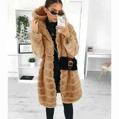 KIMLUD, Loose Winter Temperament Korean Style Wild Plush Thick Hooded Ladies Jacket, Khaki / XXXXL, KIMLUD APPAREL - Womens Clothes