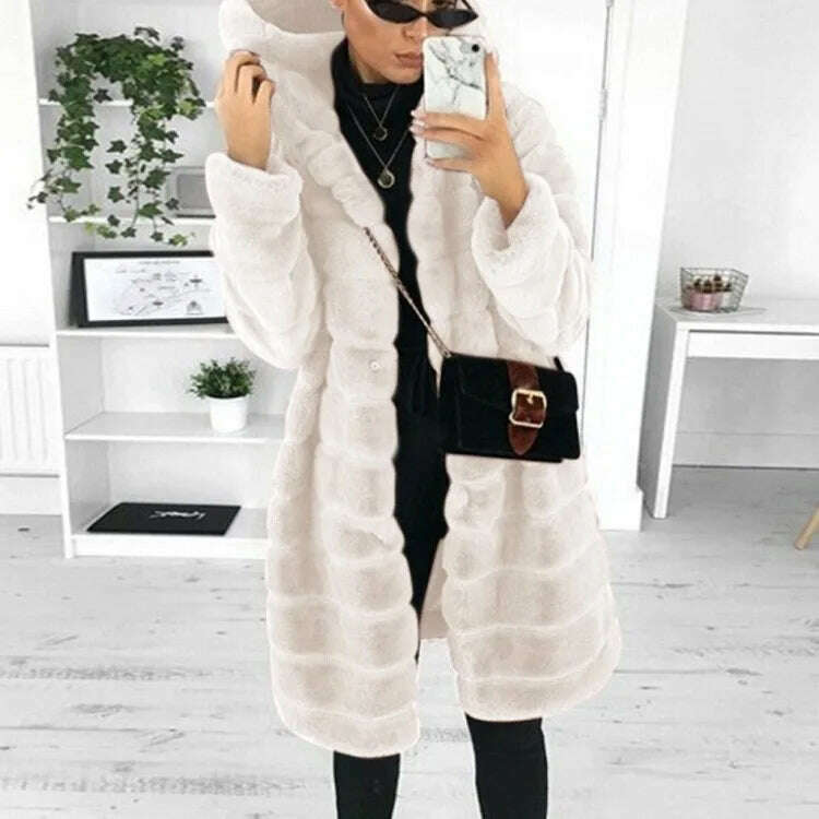 KIMLUD, Loose Winter Temperament Korean Style Wild Plush Thick Hooded Ladies Jacket, WHITE / XXXXL, KIMLUD APPAREL - Womens Clothes
