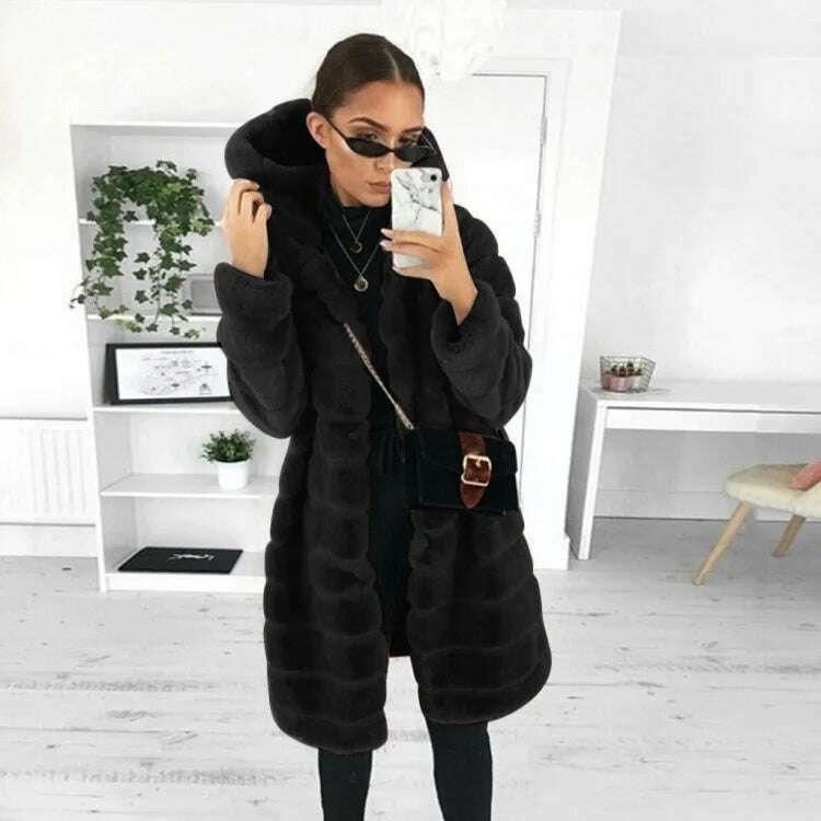 KIMLUD, Loose Winter Temperament Korean Style Wild Plush Thick Hooded Ladies Jacket, KIMLUD Womens Clothes