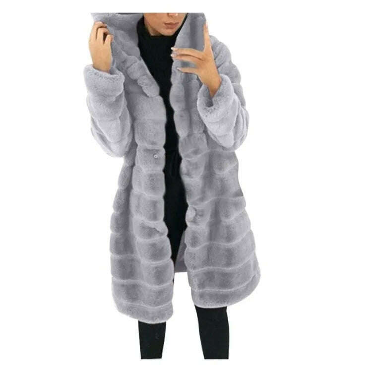 KIMLUD, Loose Winter Temperament Korean Style Wild Plush Thick Hooded Ladies Jacket, GRAY / XXXXL, KIMLUD APPAREL - Womens Clothes