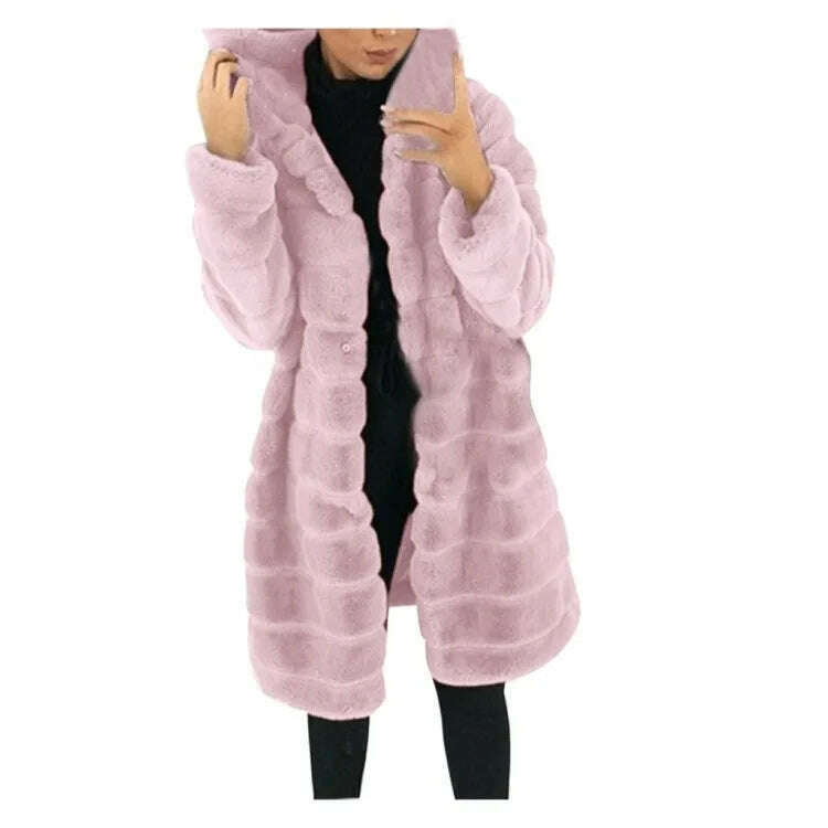 KIMLUD, Loose Winter Temperament Korean Style Wild Plush Thick Hooded Ladies Jacket, Pink / XXXXL, KIMLUD APPAREL - Womens Clothes