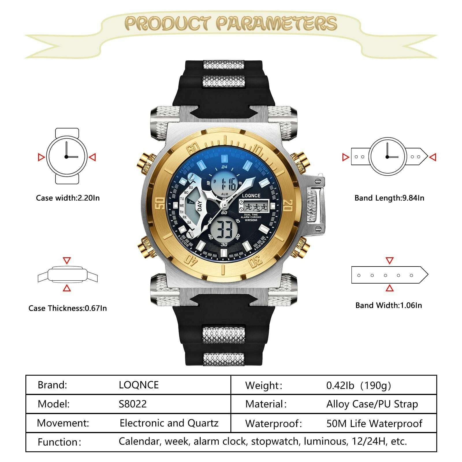 KIMLUD, LOQNCE S8022 New Men's Watch Quartz Electronic Dual Movement Alarm Clock Calendar Week Multifunctional Waterproof Men's Watch, KIMLUD Womens Clothes