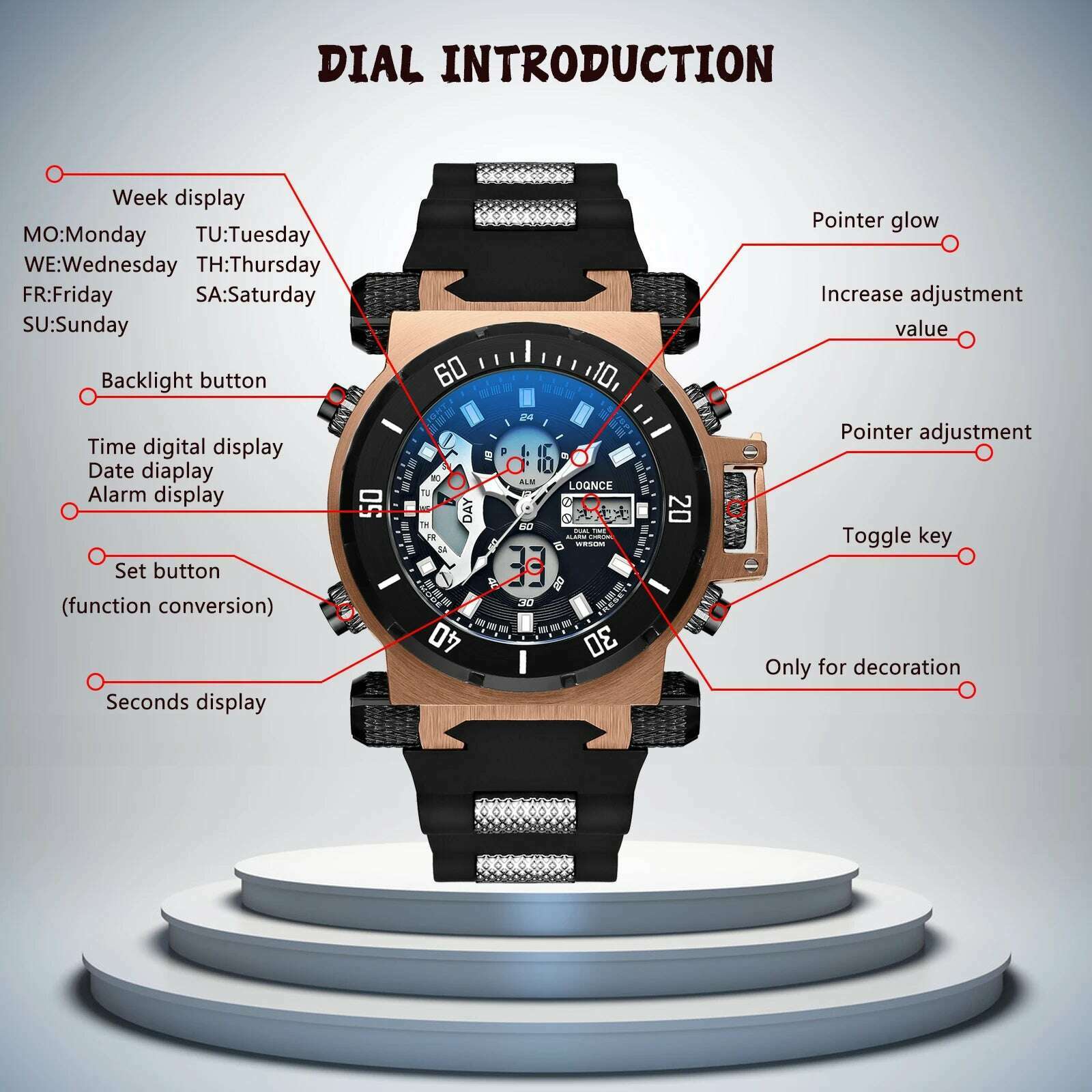 KIMLUD, LOQNCE S8022 New Men's Watch Quartz Electronic Dual Movement Alarm Clock Calendar Week Multifunctional Waterproof Men's Watch, KIMLUD Womens Clothes