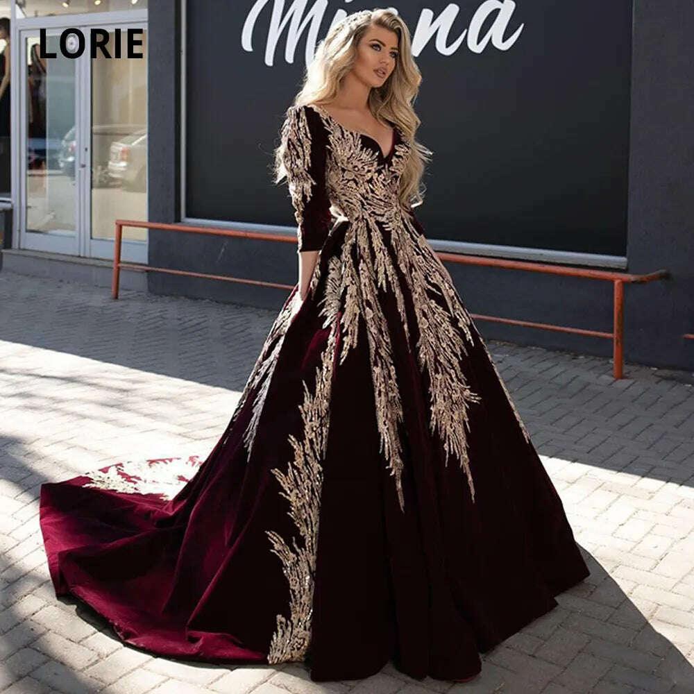 KIMLUD, LORIE Ball Gown Formal Burgundy Evening Dresses Gold Lace Appliqued Dubai Arabic Celebrity V Neck Long Sleeve Pageant Prom Gowns, KIMLUD Womens Clothes