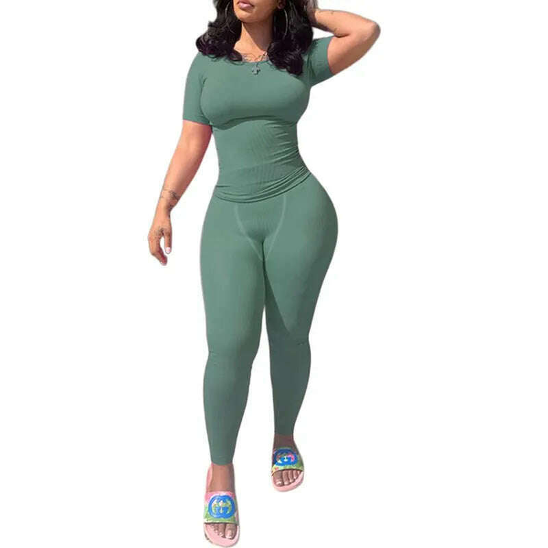 Lounge Wear Ribbed Casual 2 Piece Summer Shorts Set For Women Sleeve Top+Elastic Leggings Outfits - KIMLUD