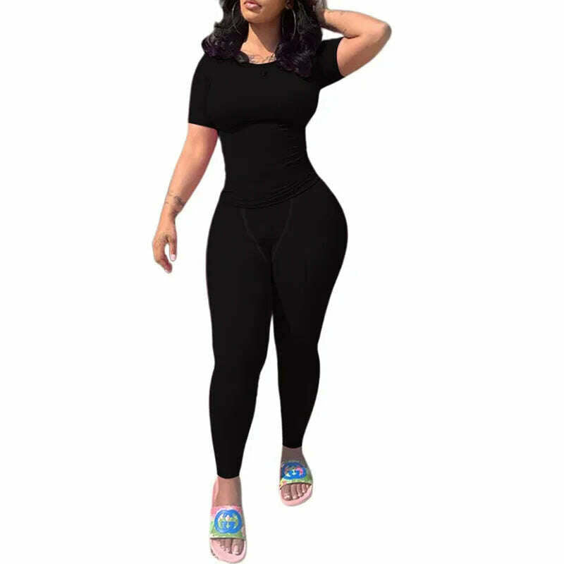 Lounge Wear Ribbed Casual 2 Piece Summer Shorts Set For Women Sleeve Top+Elastic Leggings Outfits - KIMLUD