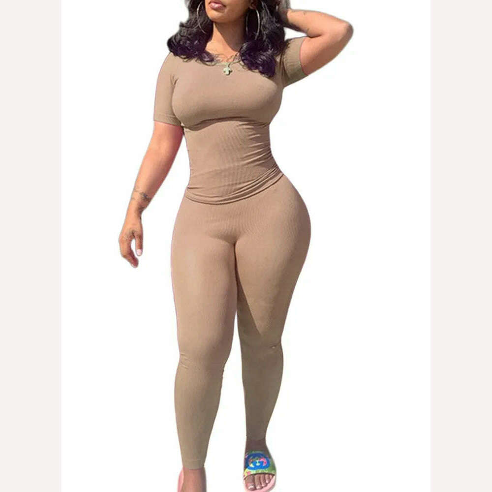 Lounge Wear Ribbed Casual 2 Piece Summer Shorts Set For Women Sleeve Top+Elastic Leggings Outfits - KIMLUD