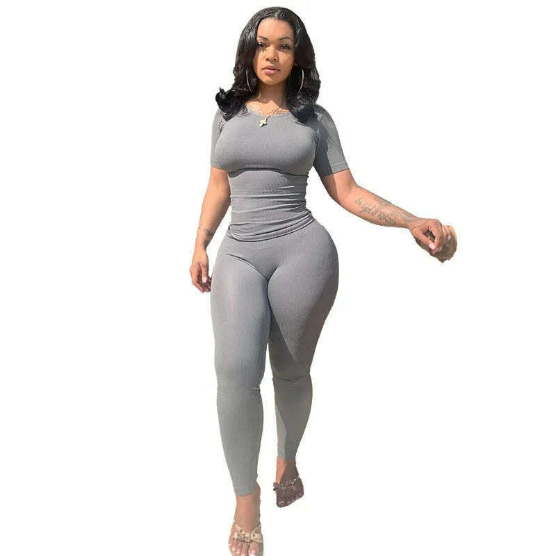 Lounge Wear Ribbed Casual 2 Piece Summer Shorts Set For Women Sleeve Top+Elastic Leggings Outfits - KIMLUD