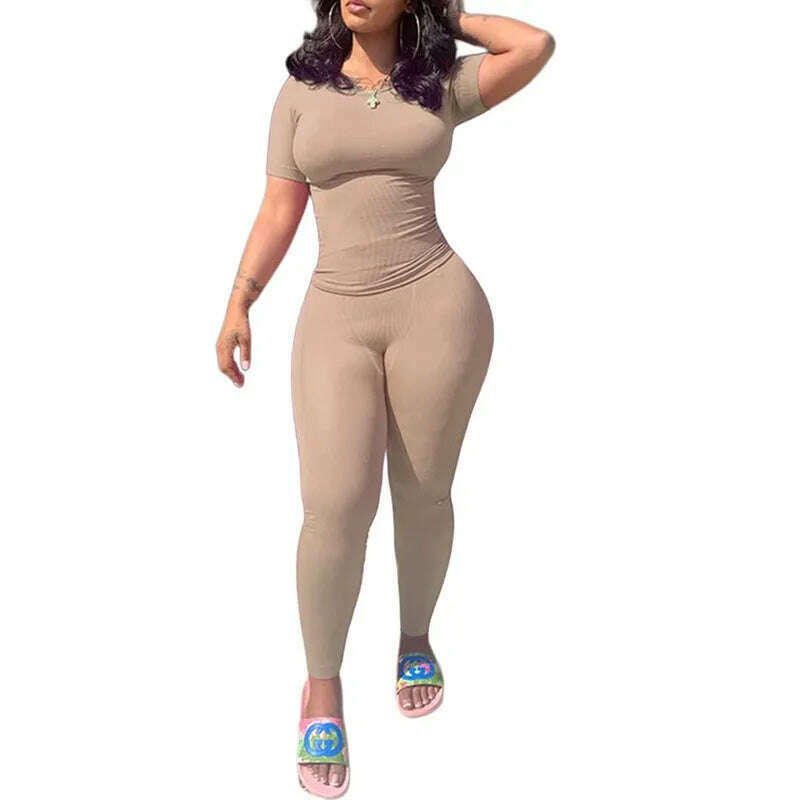 Lounge Wear Ribbed Casual 2 Piece Summer Shorts Set For Women Sleeve Top+Elastic Leggings Outfits - KIMLUD