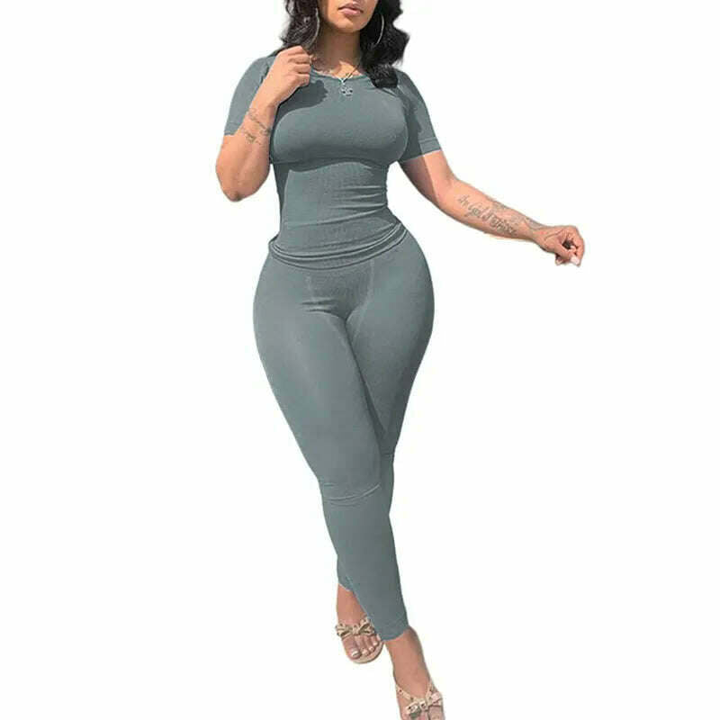 Lounge Wear Ribbed Casual 2 Piece Summer Shorts Set For Women Sleeve Top+Elastic Leggings Outfits - KIMLUD