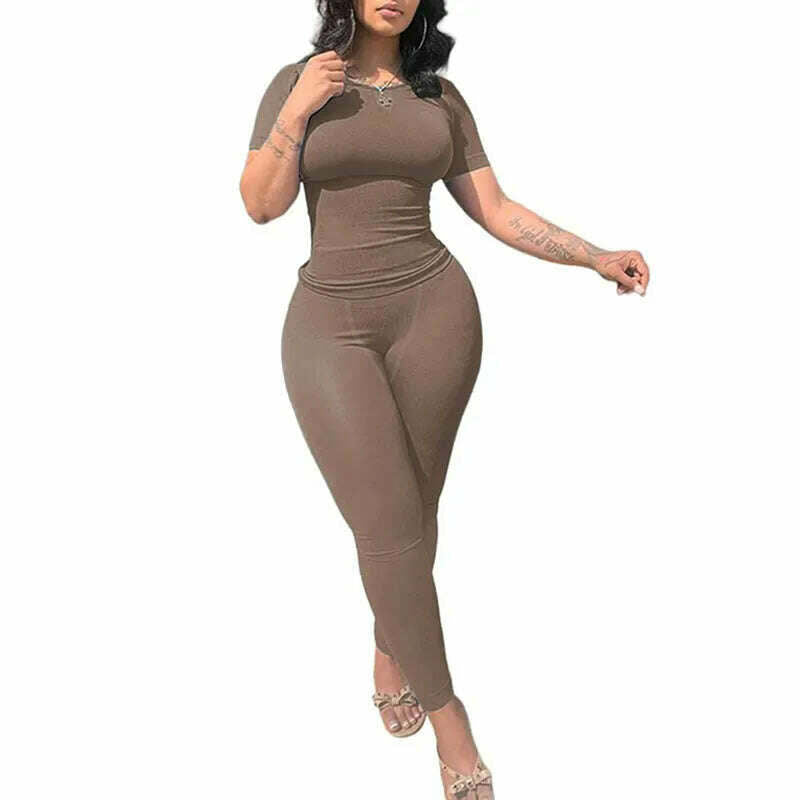 Lounge Wear Ribbed Casual 2 Piece Summer Shorts Set For Women Sleeve Top+Elastic Leggings Outfits - KIMLUD