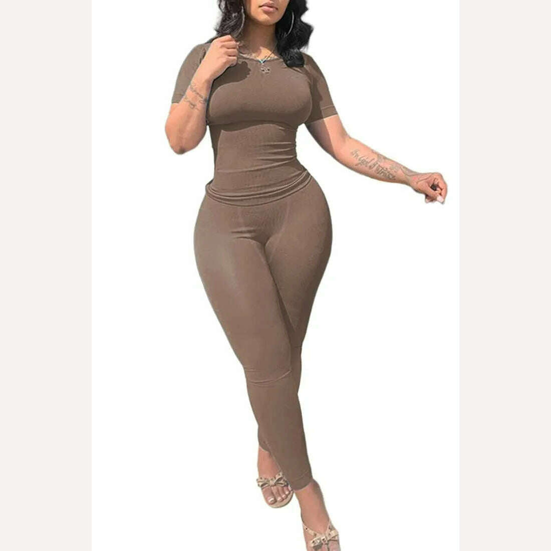 Lounge Wear Ribbed Casual 2 Piece Summer Shorts Set For Women Sleeve Top+Elastic Leggings Outfits - KIMLUD