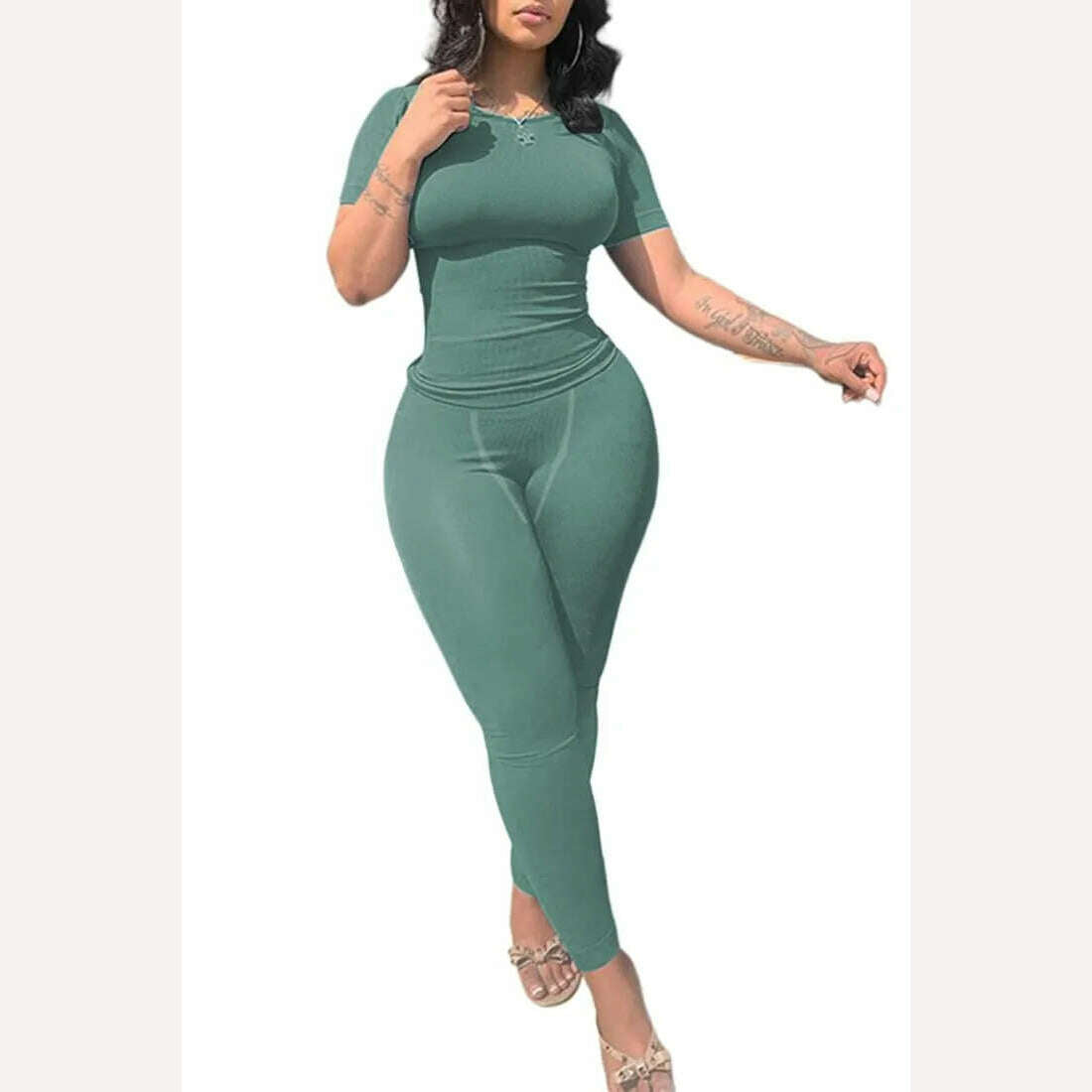 Lounge Wear Ribbed Casual 2 Piece Summer Shorts Set For Women Sleeve Top+Elastic Leggings Outfits - KIMLUD
