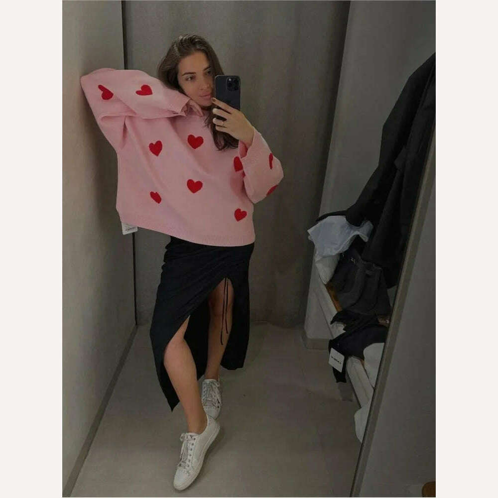 KIMLUD, Love Heart O Neck Knit Sweater For Women Embroidery Fashion Long Sleeve Pullover Sweaters Female Oversized High Street Jumper, KIMLUD Womens Clothes