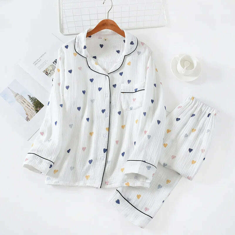 KIMLUD, Love Printed Women's Pajamas Set Sweet Heart 100%Cotton Sleepwear Comfort Double-layer Gauze Lovely Cute Two Piece Set Nightwear, Image Color 2 / XL 65-75KG, KIMLUD APPAREL - Womens Clothes