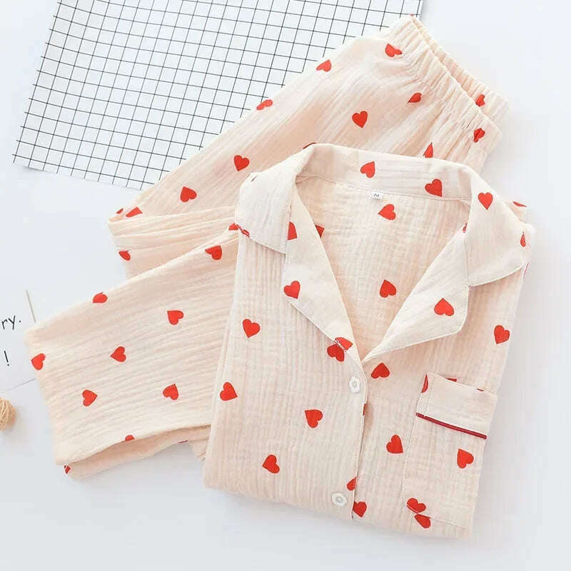 KIMLUD, Love Printed Women's Pajamas Set Sweet Heart 100%Cotton Sleepwear Comfort Double-layer Gauze Lovely Cute Two Piece Set Nightwear, Image Color 3 / XL 65-75KG, KIMLUD APPAREL - Womens Clothes