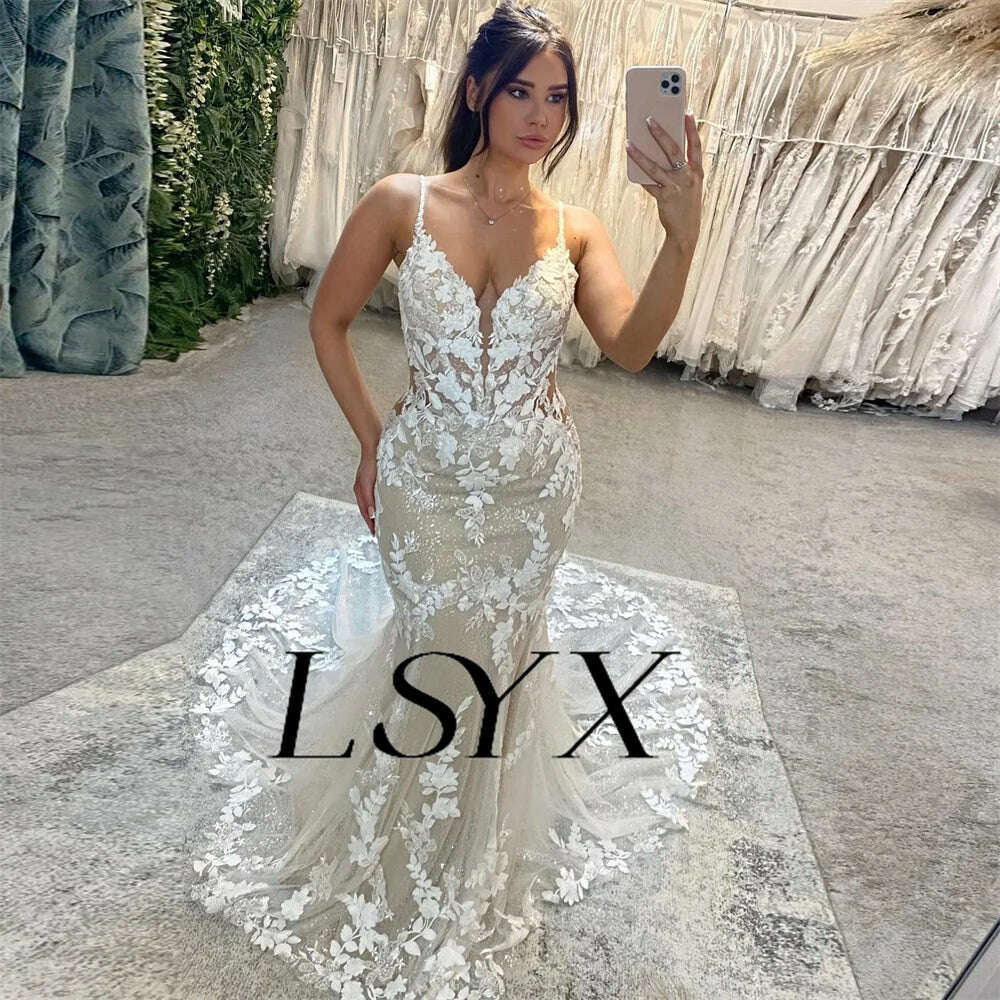 LSYX Deep V-Neck Sleeveless Appliques Shiny Tulle White Mermaid Wedding Dress 2024 Open Back Court Train Bridal Gown Custom Made - KIMLUD