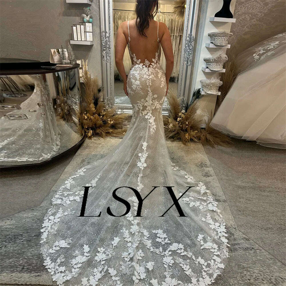 LSYX Deep V-Neck Sleeveless Appliques Shiny Tulle White Mermaid Wedding Dress 2024 Open Back Court Train Bridal Gown Custom Made - KIMLUD