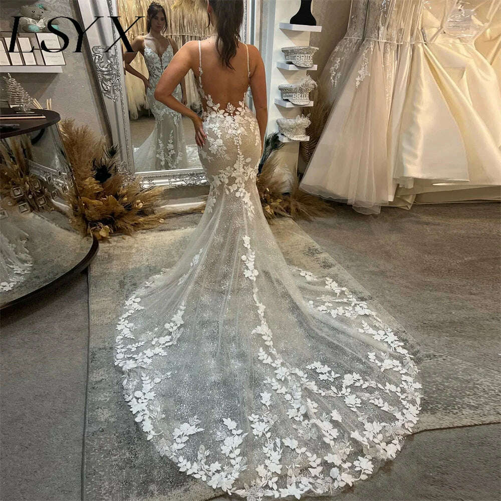 LSYX Deep V-Neck Sleeveless Appliques Shiny Tulle White Mermaid Wedding Dress 2024 Open Back Court Train Bridal Gown Custom Made - KIMLUD