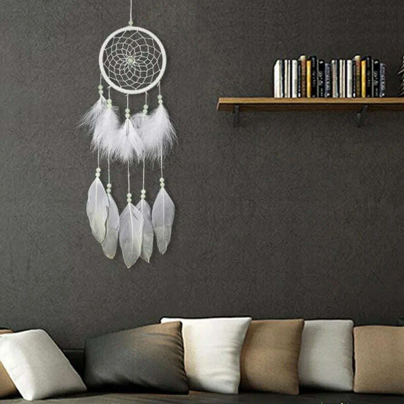 KIMLUD, Luminous Dreamcatcher In Night Wind Chimes Feather Crafts Household Bedroom Wall Hanging Ornaments Car Interior Home Decor, KIMLUD Womens Clothes