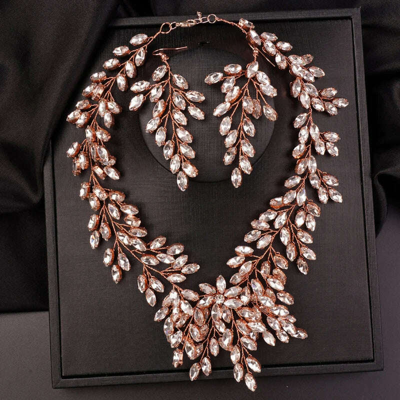 KIMLUD, Luxurious Bridal Wedding Handmade Full Rhinestones Necklace Earrings Jewelry Set Dangle Earrings Party Jewelry for Women, KIMLUD Womens Clothes