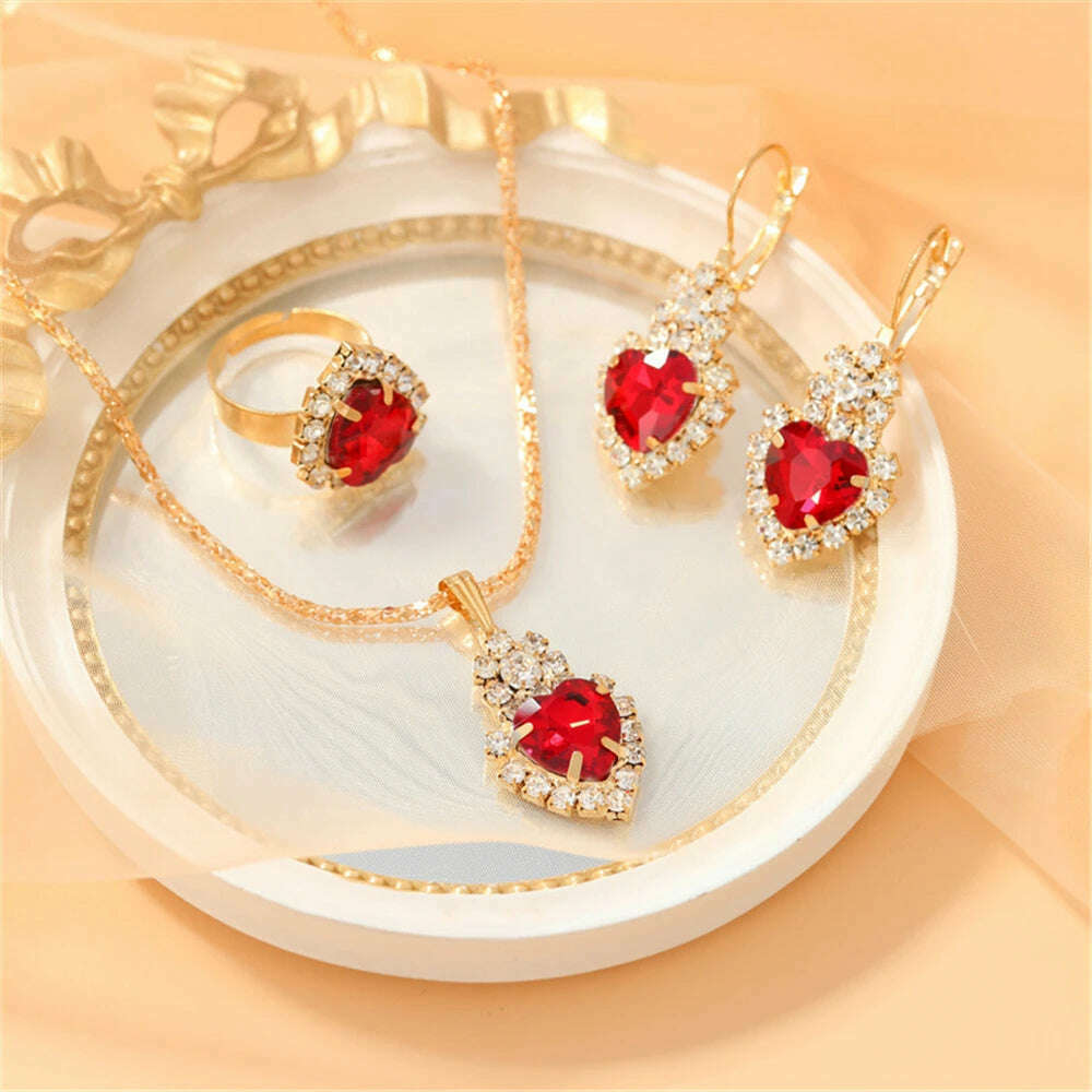KIMLUD, Luxurious Design Heart Shape Red Crystal Necklace Ring Earrings Jewelry Set Elegant Bridal Wedding Accessories Anniversary Gifts, KIMLUD Womens Clothes
