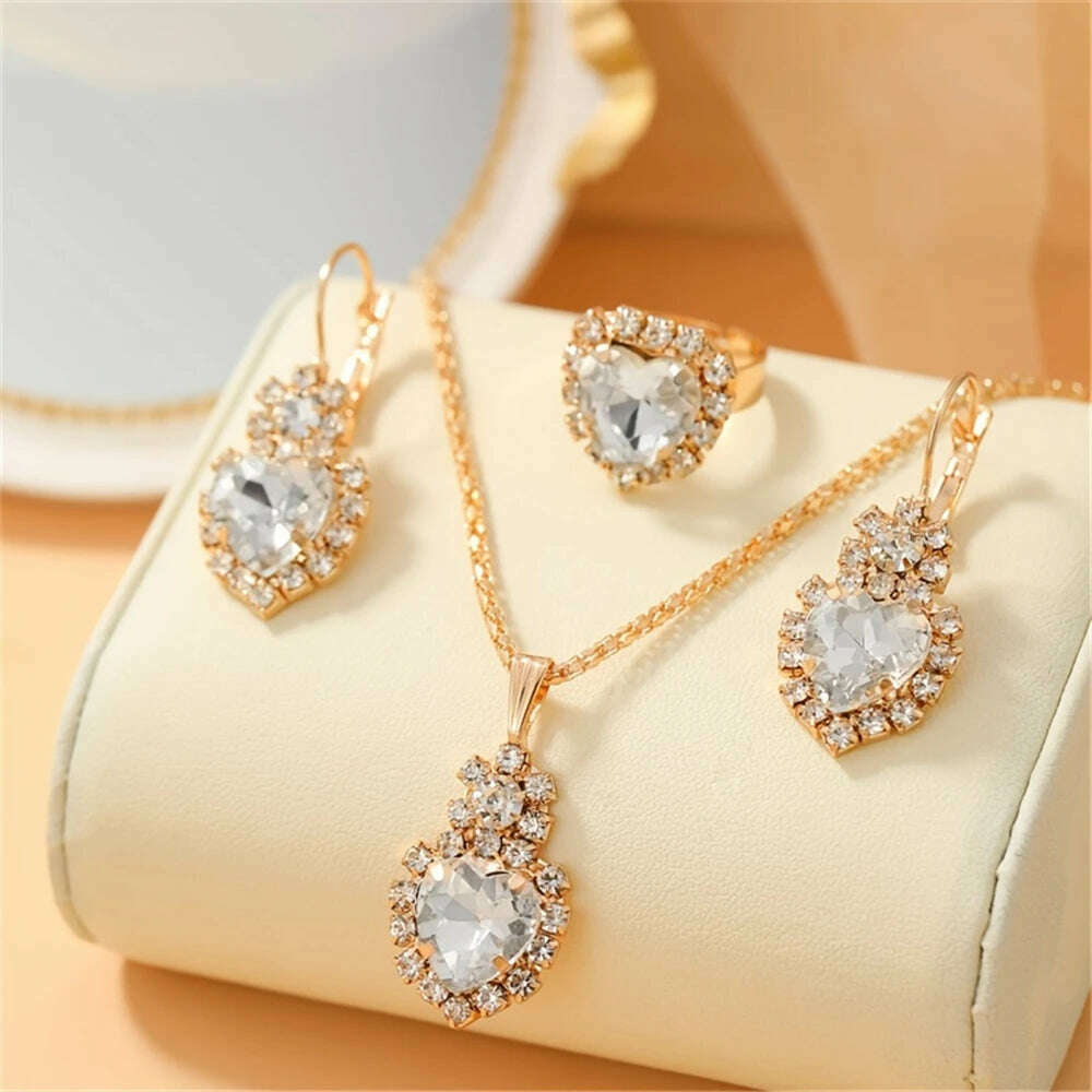 KIMLUD, Luxurious Design Heart Shape Red Crystal Necklace Ring Earrings Jewelry Set Elegant Bridal Wedding Accessories Anniversary Gifts, KIMLUD Womens Clothes