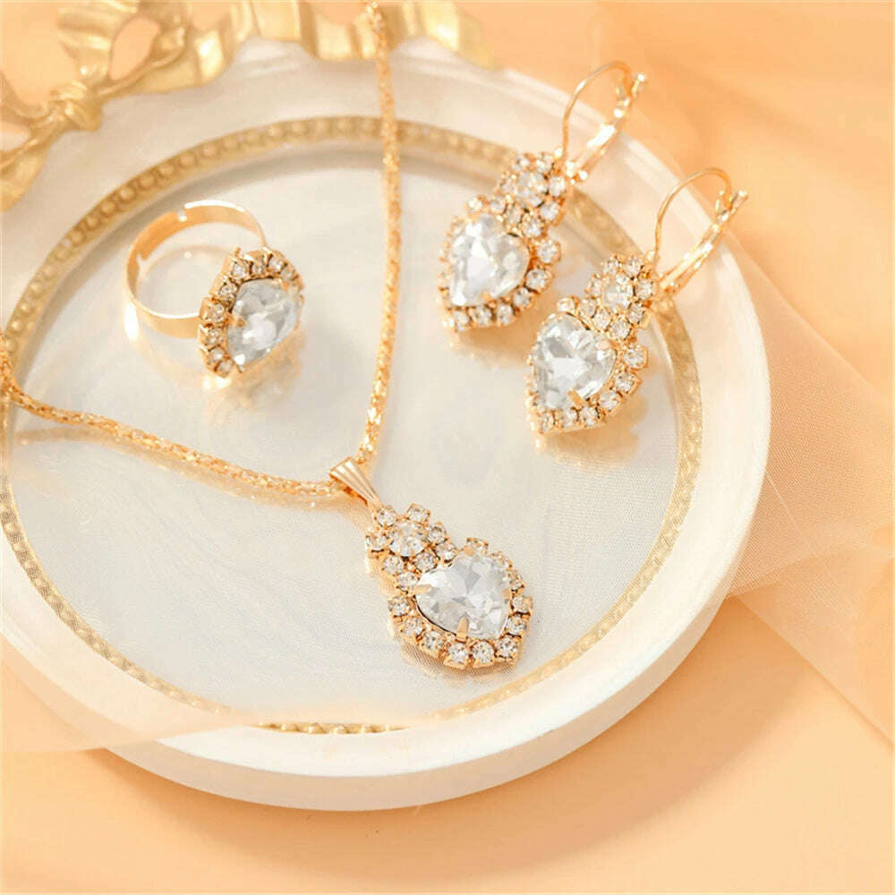 KIMLUD, Luxurious Design Heart Shape Red Crystal Necklace Ring Earrings Jewelry Set Elegant Bridal Wedding Accessories Anniversary Gifts, KIMLUD Womens Clothes