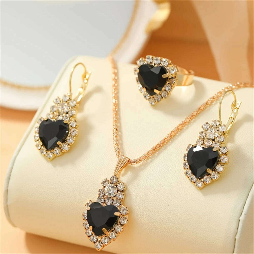 KIMLUD, Luxurious Design Heart Shape Red Crystal Necklace Ring Earrings Jewelry Set Elegant Bridal Wedding Accessories Anniversary Gifts, KIMLUD Womens Clothes