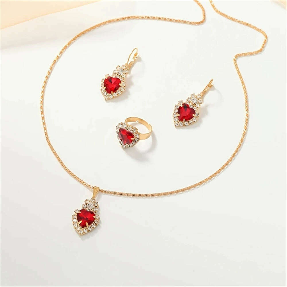 KIMLUD, Luxurious Design Heart Shape Red Crystal Necklace Ring Earrings Jewelry Set Elegant Bridal Wedding Accessories Anniversary Gifts, Red, KIMLUD APPAREL - Womens Clothes